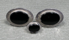 Vintage Onyx Center White Gold Plated Cuff Links with Tie Tack