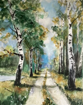 watercolour original landscape handmade 24x30 cm forest path landscape gift