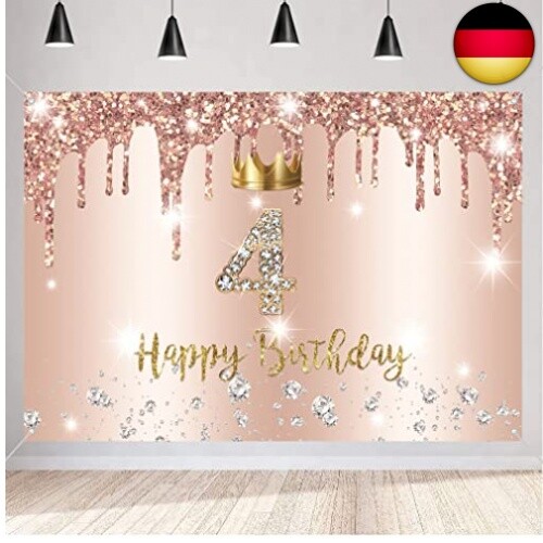4, Geburtstag Mädchen Deko, Vierter Geburtstag Banner Roségold, Happy 4th B - Bild 1 von 6