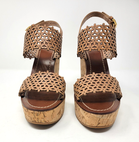 Tory Burch Floral Perforated Natural Blush Leather Wedge Sandals Size 8 - Picture 5 of 10