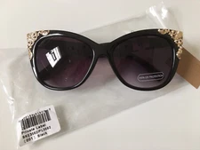 Private Label Womens Black Sunglasses Cat Eye Gold Accents BKE