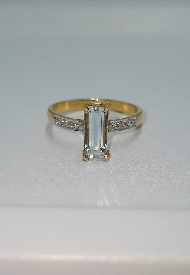 14k Gelbgold Natürlich Blau Aquamarin Und Diamanten Solitär Verlobungsring - Bild 2 von 4