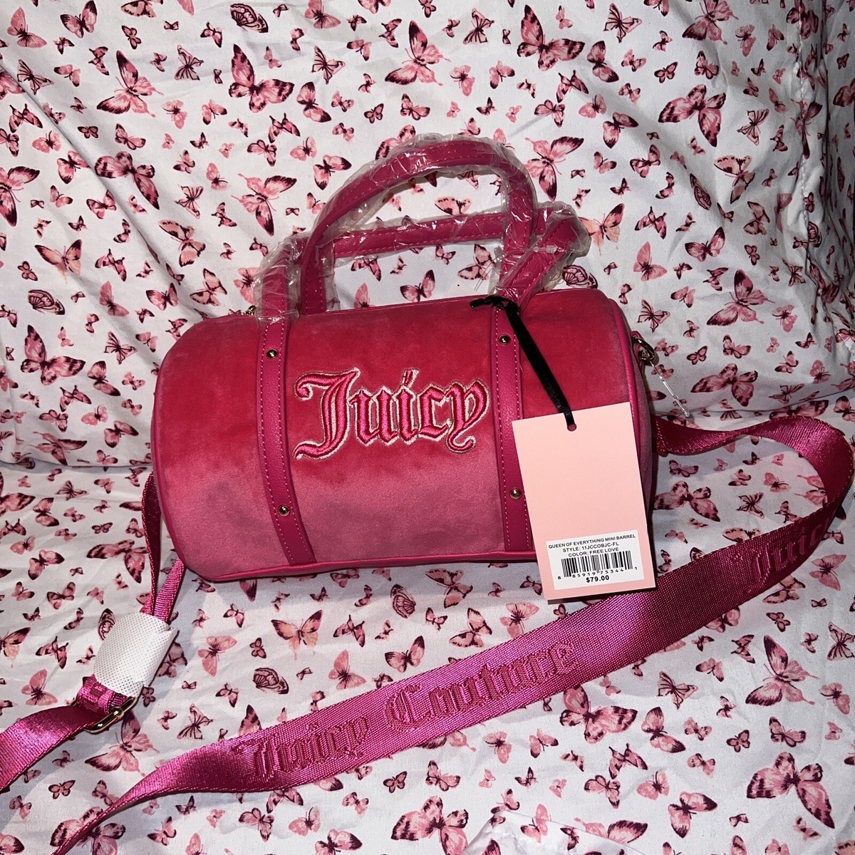 New Pink Juicy Couture Purse Barrel Bag Velour Crossbody Y2K