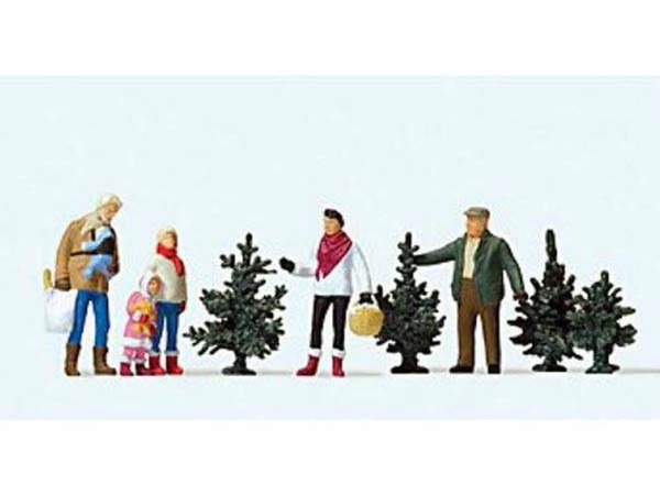 Preiser 10627 Weihnachtsbaumverkauf 5 Figuren BäUme Weihnachtsbaum H0 Neu-image