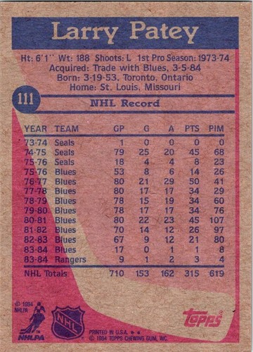 1984-85 Topps #111 Larry Patey New York Rangers Free Shipping! - Picture 2 of 2