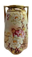 Nippon Double Handled Rose Pattern Vase, 10" tall