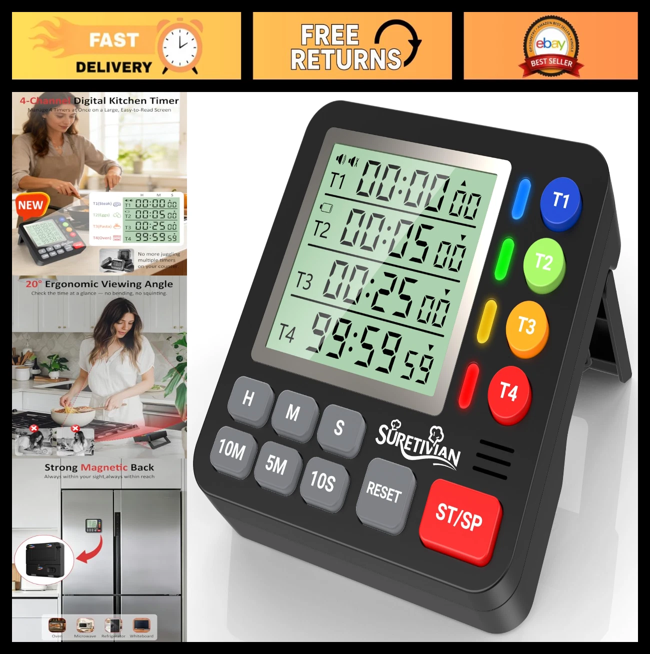 4-Channel Digital Kitchen Timer - Loud Alarm, Silent Mode, Large Display, Magnet
Opens in a new wind