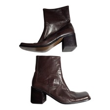 Vtg Y2K Nine West Brown Leather Square Toe Chunky Block Heel Ankle Boots Sz 6.5