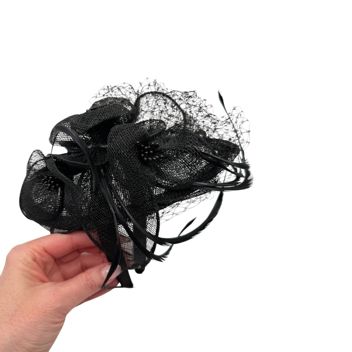 Cotton Patch Fascinator‎ Women OS Black NWT Feather Mesh Headband Easter Derby black-rooster-ostrich-feather-  main image 3