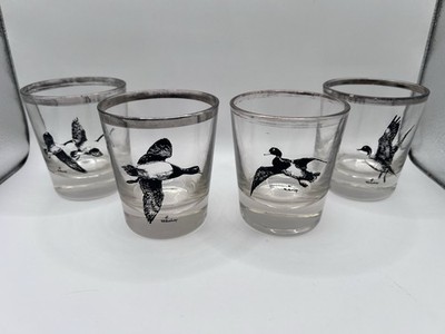 Vintage Federal Glass Silver Rim Game Bird Low Ball Whiskey Glasses