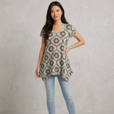 Fresh Produce Womens XS Blue Brown Floral Ikat Sharkbite Hem Top Made In USA