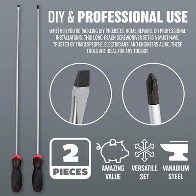 NT NEW 2 X 18" LONG REACH SCREWDRIVER SET MAGNETIC HANDLE HAND TOOL DIY GARAGE FLAT