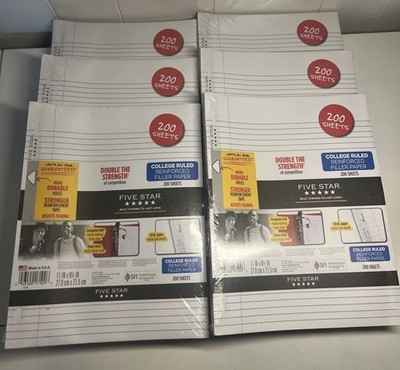 Case (6) - Five Star Reinforced College Ruled Filler Paper 200 Sheets Per Pkg