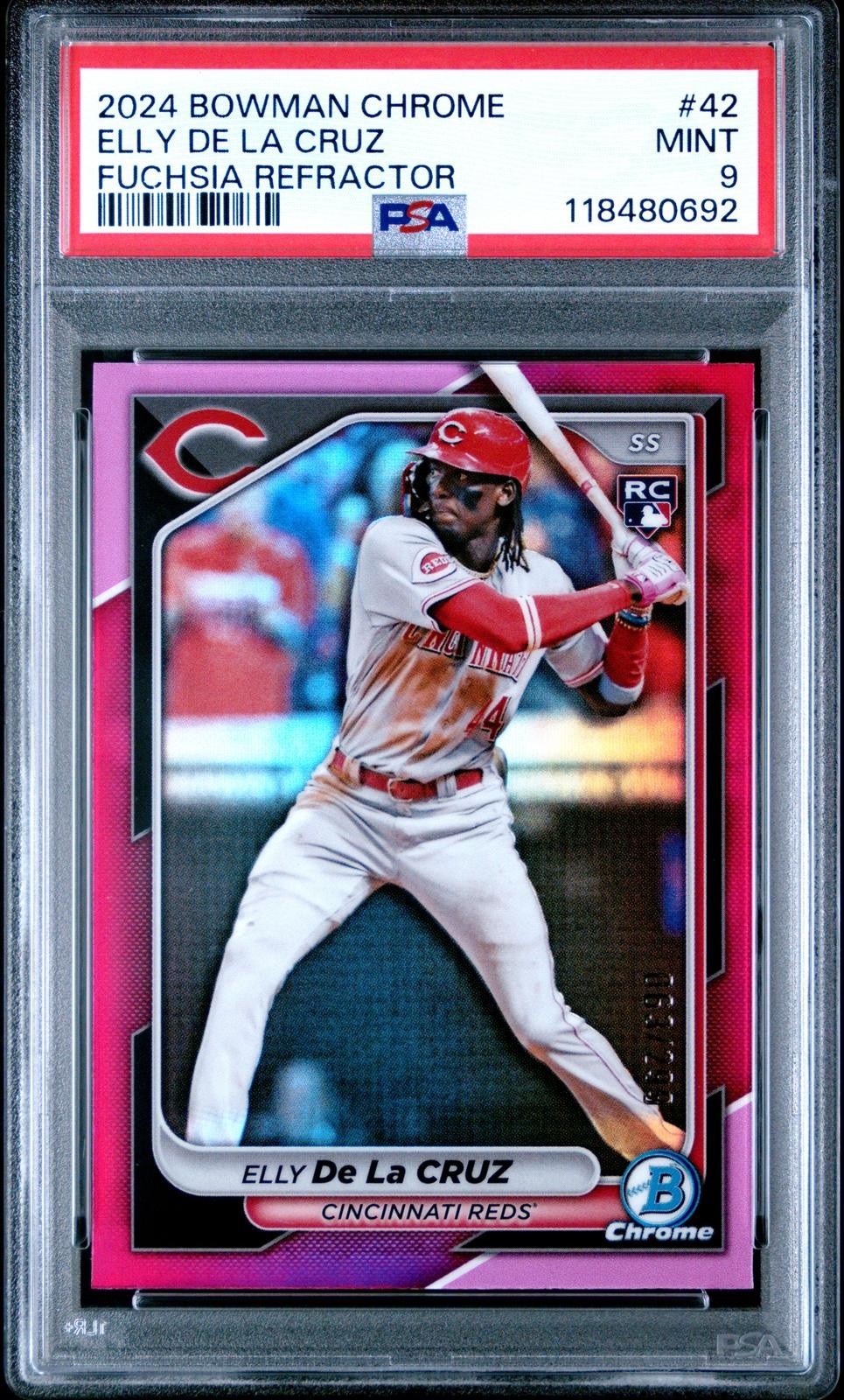 PSA 9 2024 Bowman Chrome #42 Elly De La Cruz Cincinnati Reds Fuchsia RC /299 view 1