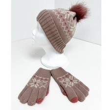 GAP Kids Girls Dusty Pink Fair Isle Knit Beanie Hat Gloves Set Sz L/XL
