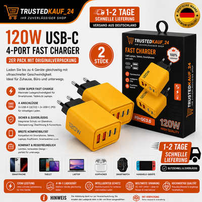 2er Pack 120W USB-C 4-fach Schnellladegerät mit Box 2x USB-C 2x USB-A Stecker