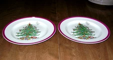 Set Of 2 Spode Copeland Christmas Tree Wine Rim Dinner Plates 10 1/2"