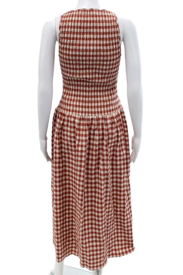 Женское коричневое клетчатое платье-майка Zara без рукавов с круглым вырезом из хлопка богемное размер XS - Изображение 3 из 4