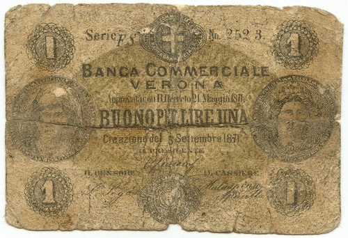 1 LIRA BIGLIETTO FIDUCIARIO BANCA COMMERCIALE VERONA 05/09/1871 MB- - Afbeelding 1 van 6