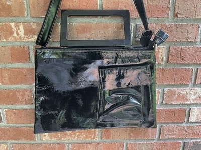 Pola Tote Bag Black Patent Leather 16'' X 14'' Brand New Light weight Work College