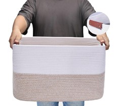 Large Cotton Rope Storage Basket with Leather Handles, Laundry Hamper Basket,...