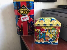 Set Of 2 1996 M&M's Christmas Toy Shop And Rold Gold Chocolate Pretzels Tin