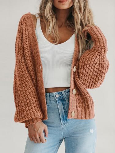 Women's Chunky Knit Open Front Sweater Long Sleeve Button Large Light Orange - Bild 7 von 7