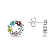 925 Sterling Silver Multi Color Flower Enamel CZ Stud Earring Nickel Free