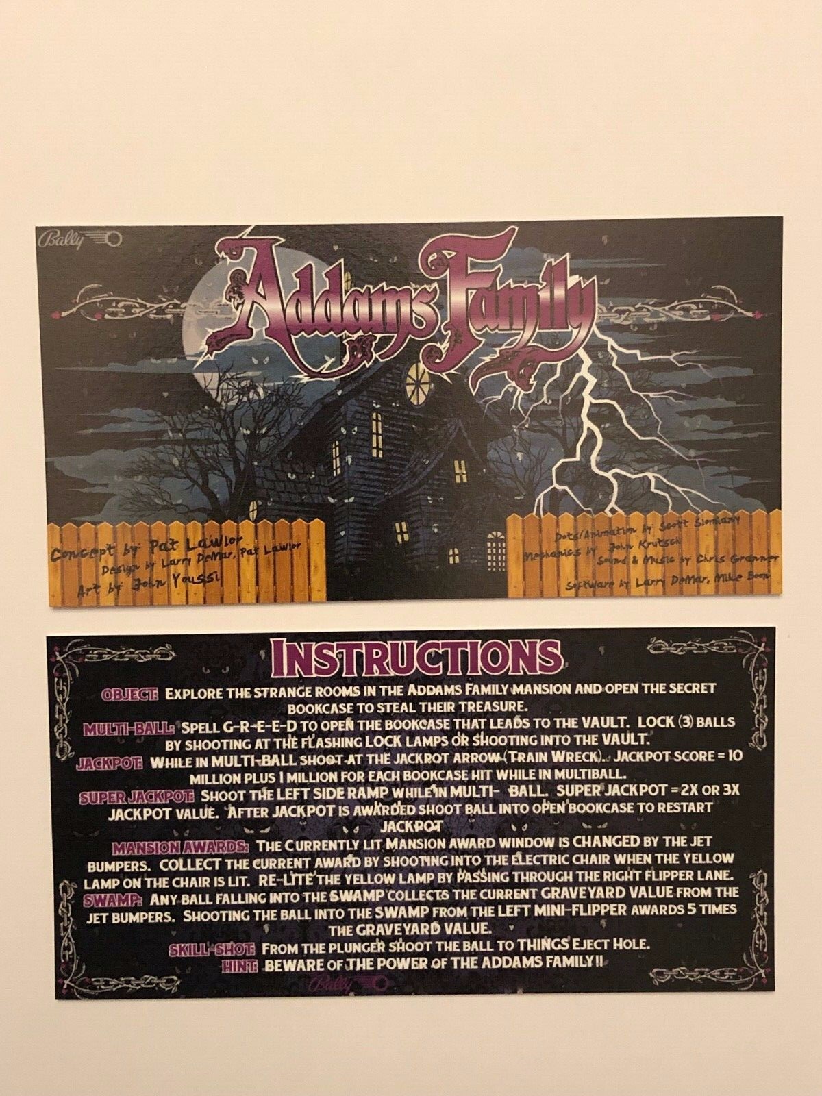 The Addams Family Pinball Game Apron Instruction Cards Bally Williams