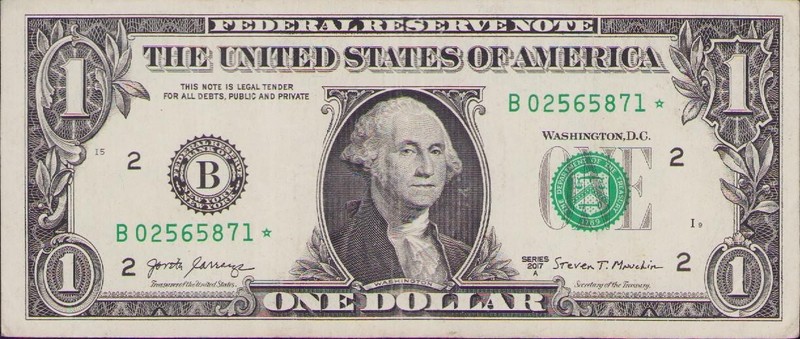 US Bank Star Note $1 Dollar Bill Fancy Serial # B02565871 Error Cut Shifted Seal