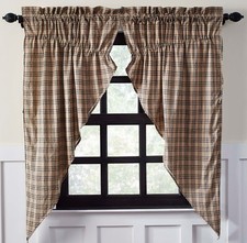 63" L Drawstring Prairie Curtains Gray Tan Plaid Country Farmhouse Sawyer Mill