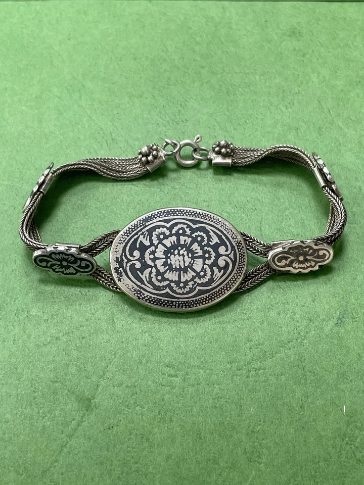 Antiguo Dije Vintage Niello Plata Amuleto Flor 🌸 Flor Pulsera 27 Gramos R2 Foto 2 de 4