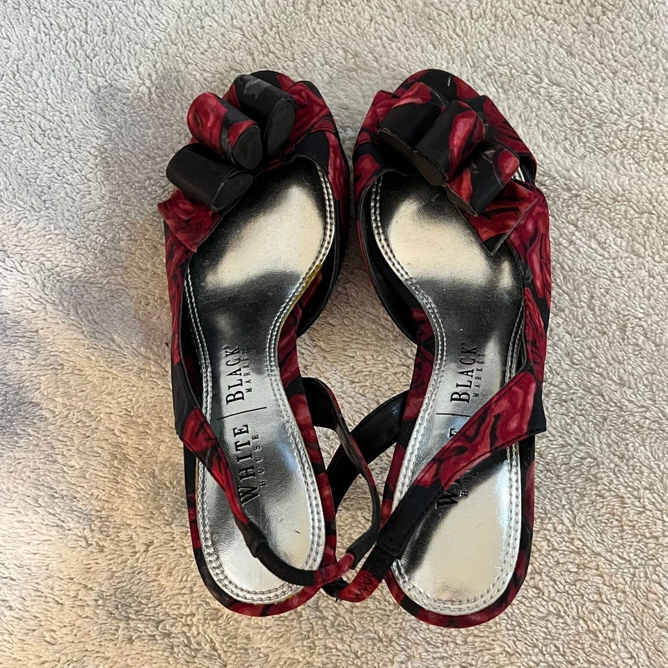 White House Black Market Womens Black Red Slingback Heels 6.5M Floral Peep Toe - Image 4 of 4