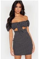 NEW Black Polka Dot Puff Sleeve Tie Front Bodycon Dress, Size SMALL