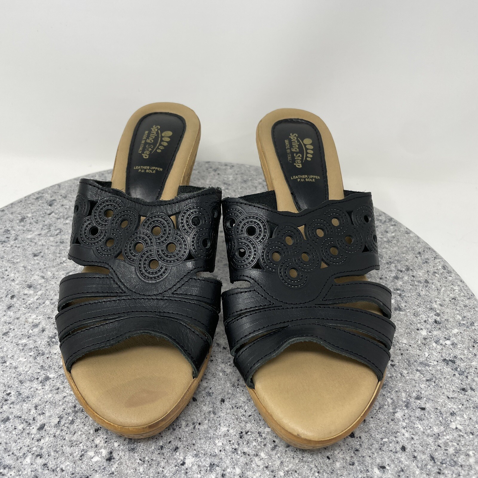 Spring Step Womens Sandals 9 Wedge Black Leather Slide On Shoes Open