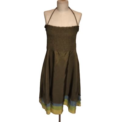 Betsey Johnson Evening Green Blue Yellow 100% Silk Halter Dress 8 | eBay