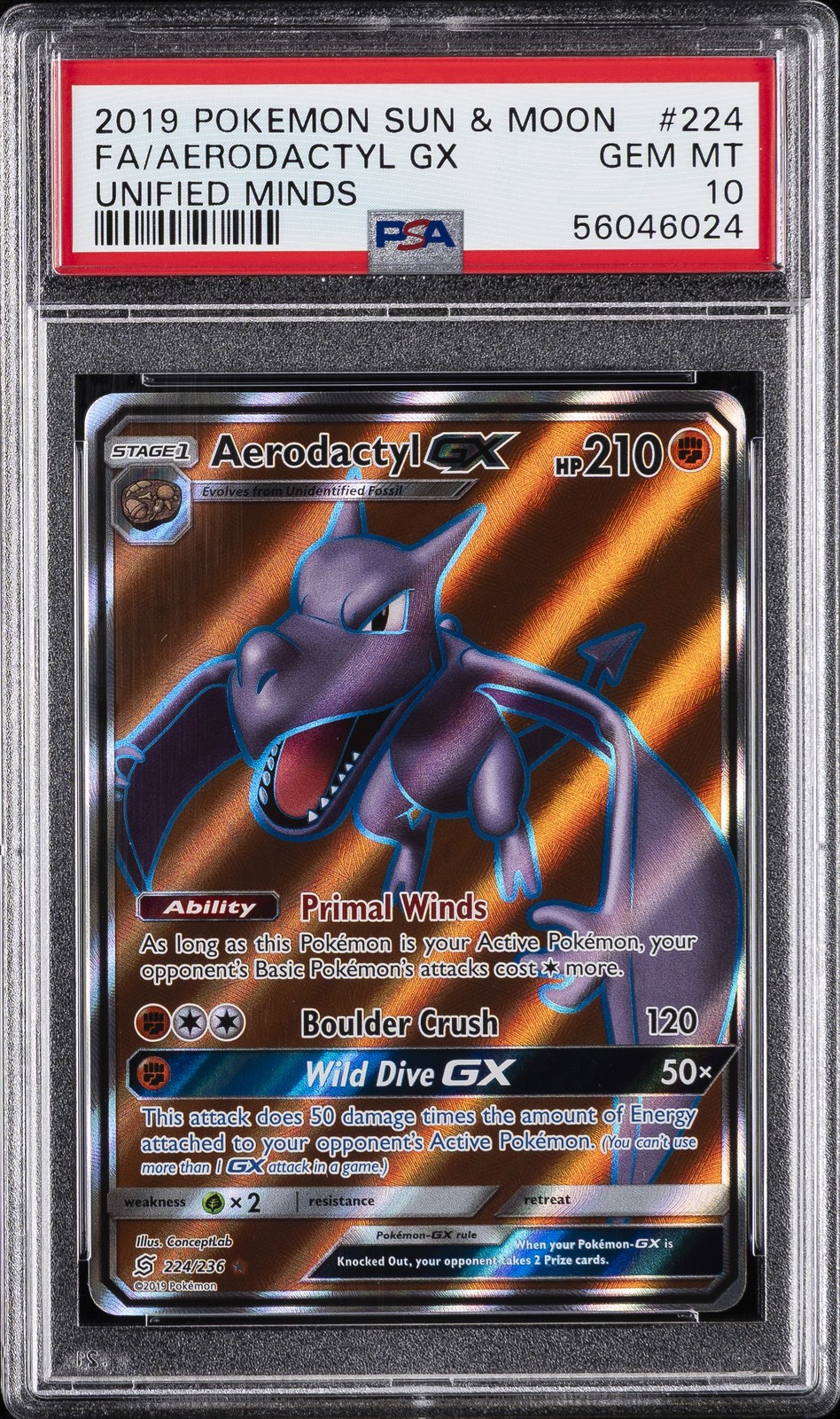 2019 POKEMON SUN & MOON UNIFIED MINDS #224 FULL ART/AERODACTYL GX PSA 10