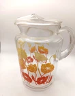 VINTAGE ANCHOR HOCKING CLEAR GLASS RED ORANGE WHITE MORNING GLORY PITCHER