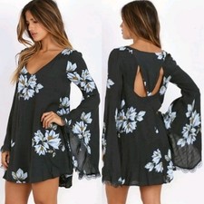 Free People Wanderer Floral Mini Dress Bell Sleeve Cutout Back Boho XS Tunic