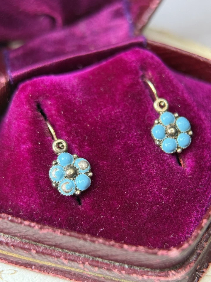 Antike Jugendstil Ohrringe Silber 835 vergoldet Blume Emaille Vergissmeinnicht - Bild 3 von 4