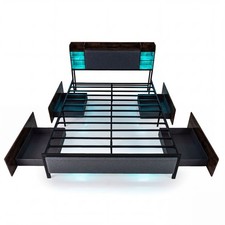King Size Bed Frame with LED Lights & Charging Station for Bedroom