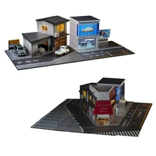 Diorama 1/64 Car Garage Model LED Light Japanese Store Scene Building Model Gift