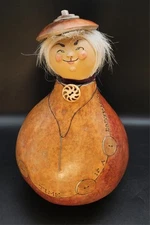 VTG Handpainted Carved Gourd Primitive Folk Art "Dressmaker" 12"×6"