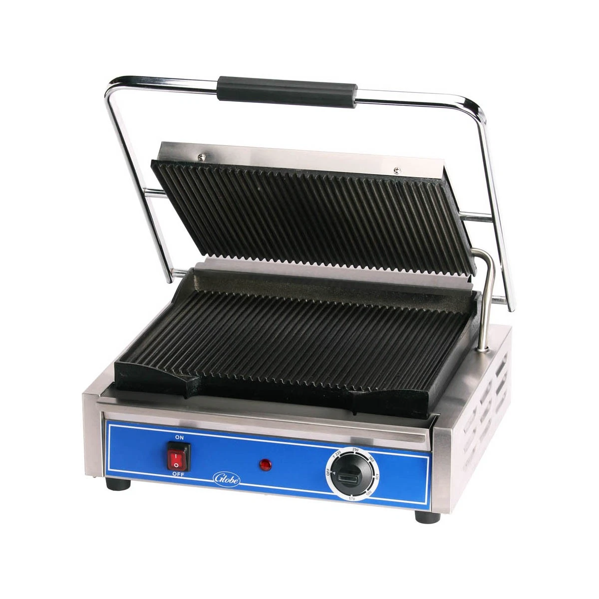 Globe GPG1410 19" Sandwich Panini Grill w/ 14" x 10" Grooved Plates, 120V