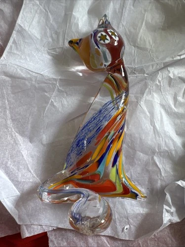 Vintage Murano Italy Art Glass Cat Figurine 4” Multi-Colored Figure