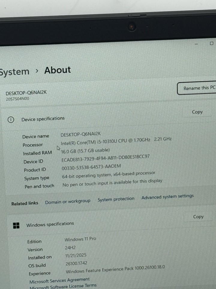 Lenovo ThinkPad T15 Gen 1 15.6” FHD i5-10310U 1.70GHz 16GB RAM 256GB ...