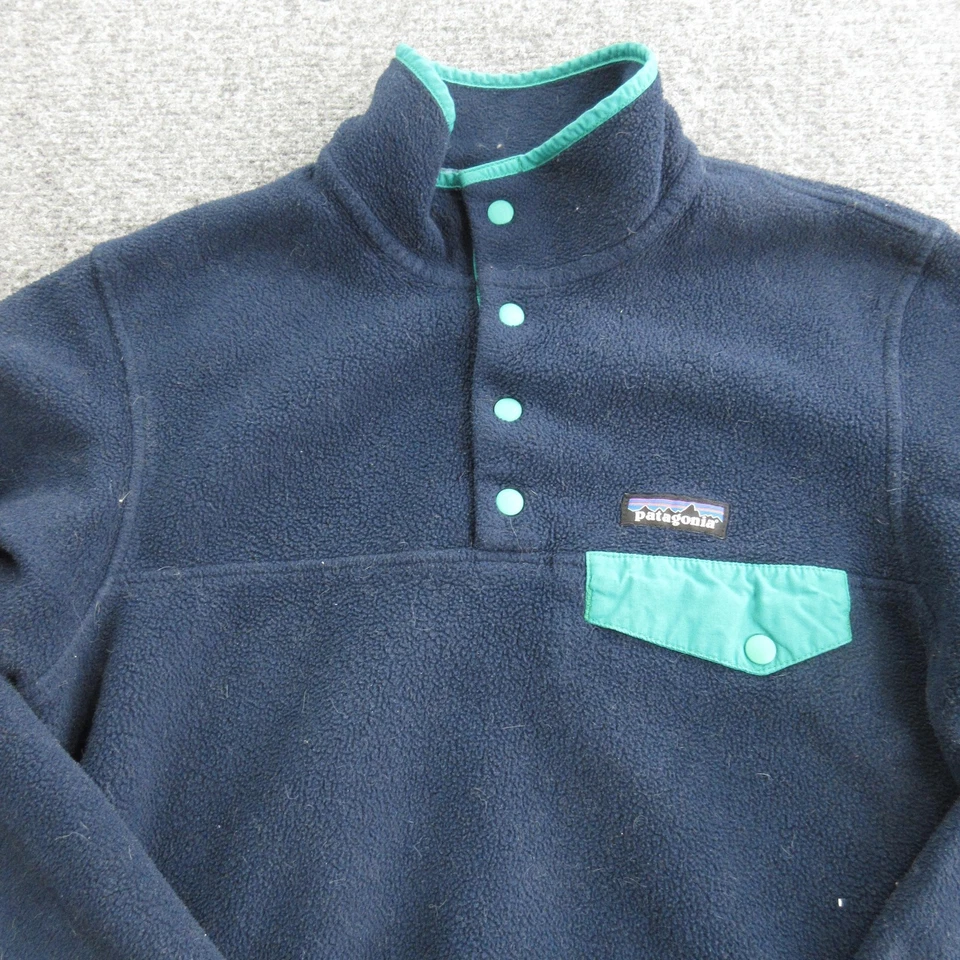 Patagonia Fleece Pullover Mens Small Navy Blue Synchilla Snap-T Teal Trim Pocket - Image 2 of 4