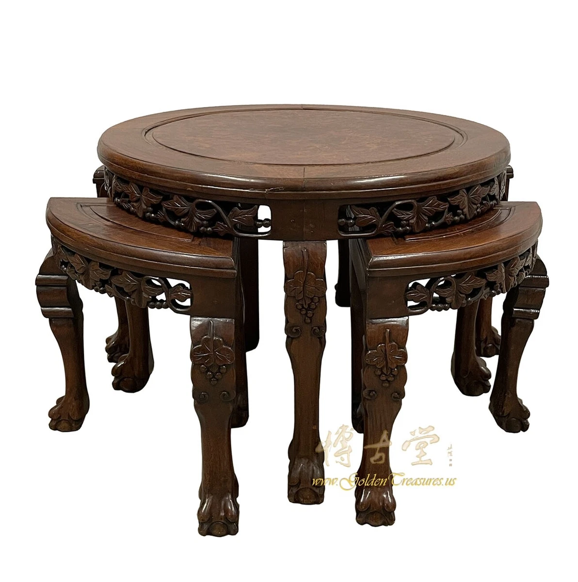 Antique Chinese Rosewood Burl Wood Top Coffee Table with 4
