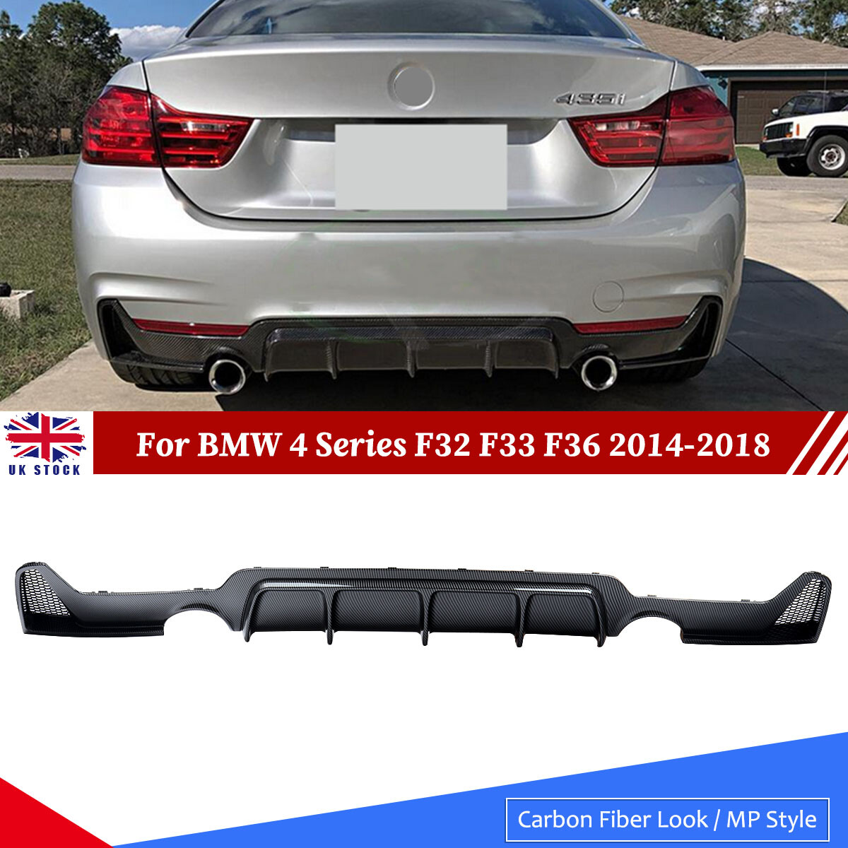 Carbon Look Rear Bumper Diffuser For BMW 4 Series F32 F33 F36 M Sport 2014-2019