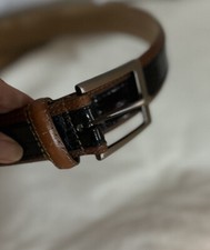 Croc Embossed Pattern Belt Black Brown Leather Men's Silver-Tone Buckle 42